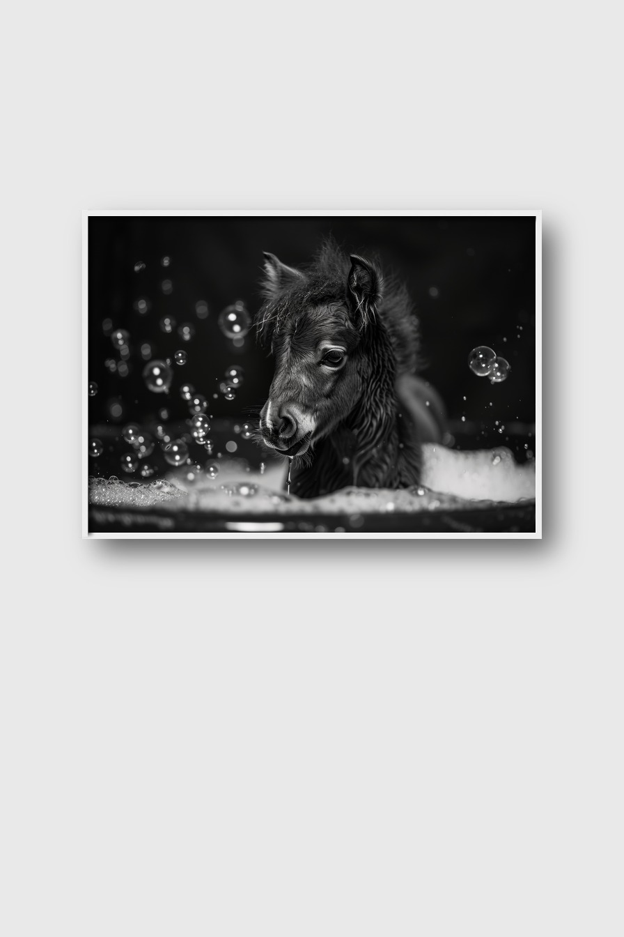 Fotografie Poster Fohlen schwarz-weiß Seifenblasen