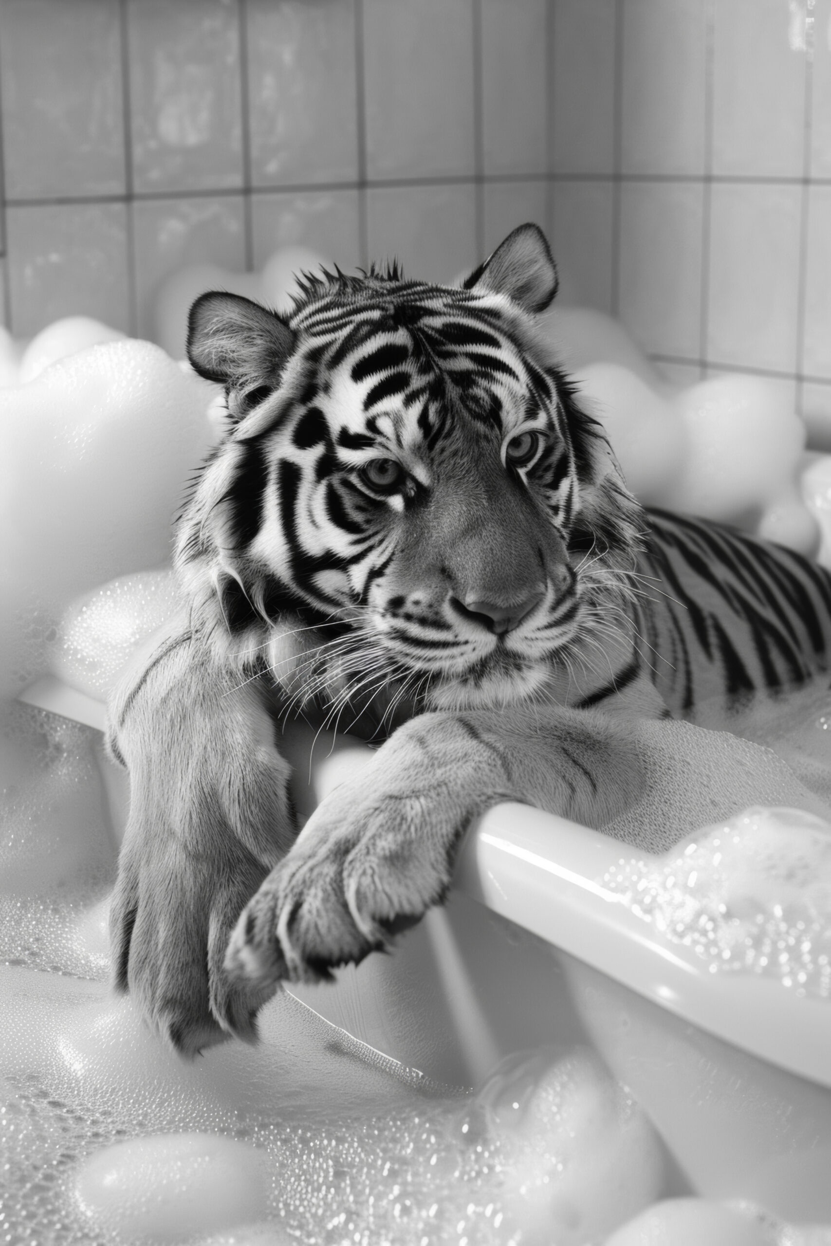 Fotografie Poster Tiger Badewanne schwarz-weiß