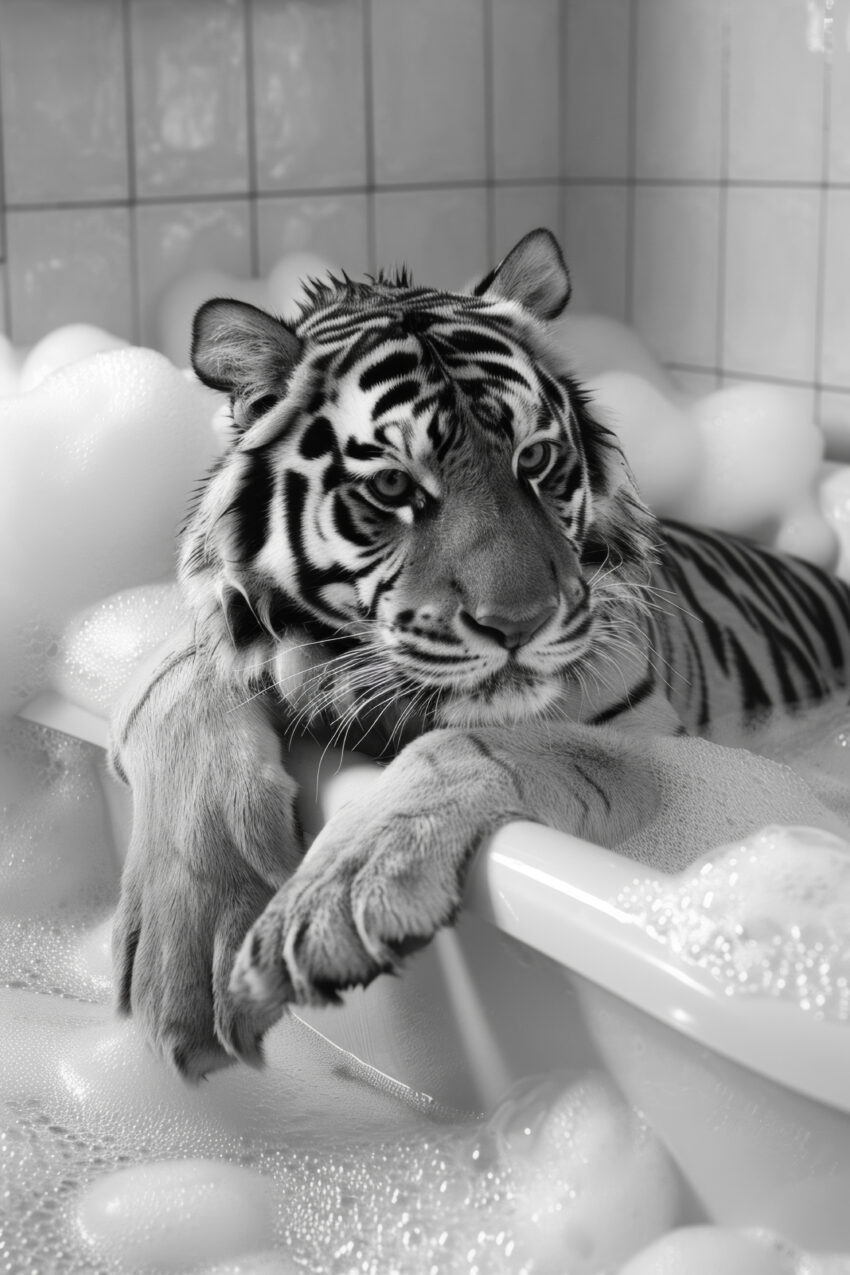 Fotografie Poster Tiger Badewanne schwarz-weiß
