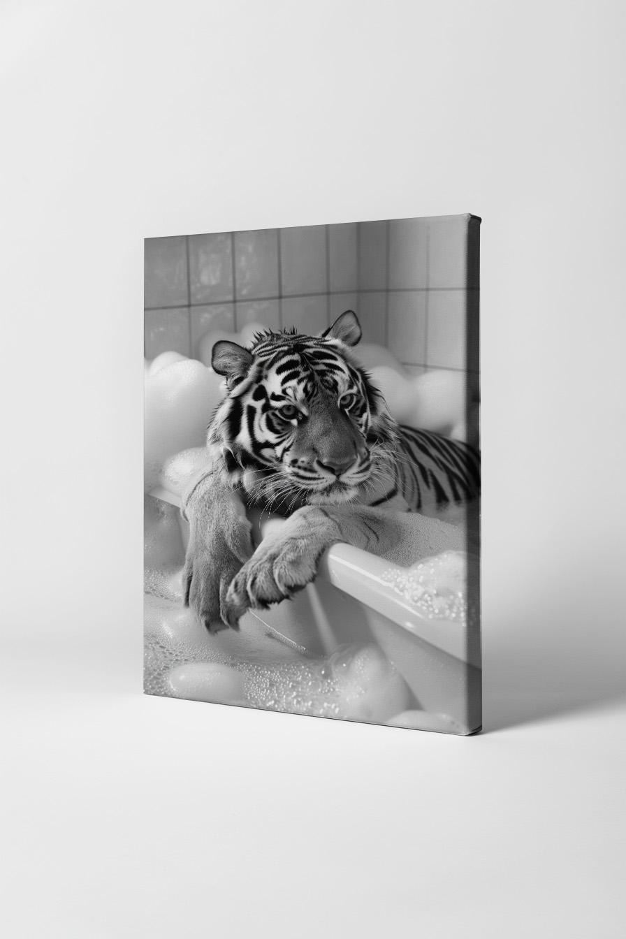 Fotografie Poster Tiger Badewanne schwarz-weiß