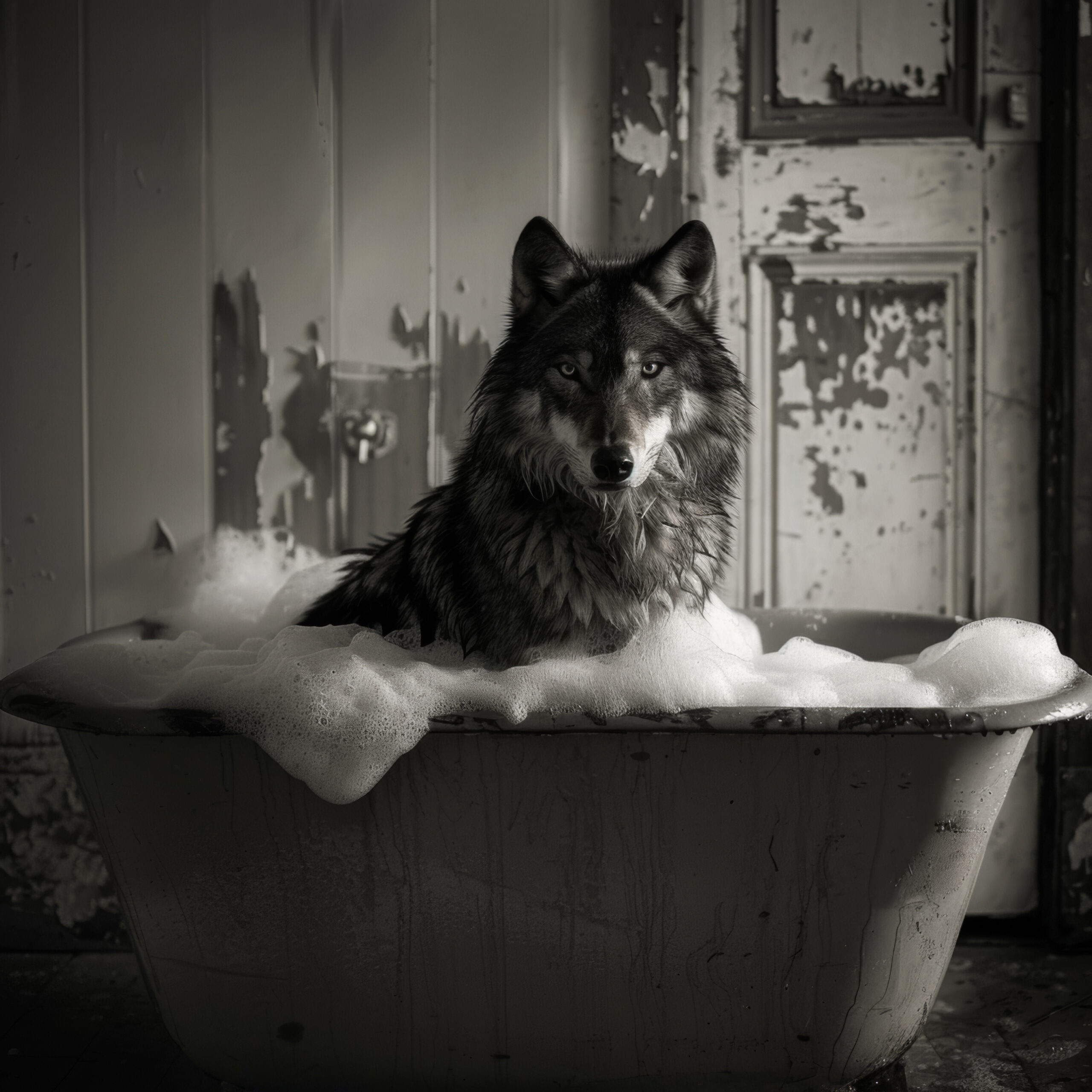Fotografie Poster Wolf Badewanne Schaum schwarzweiß