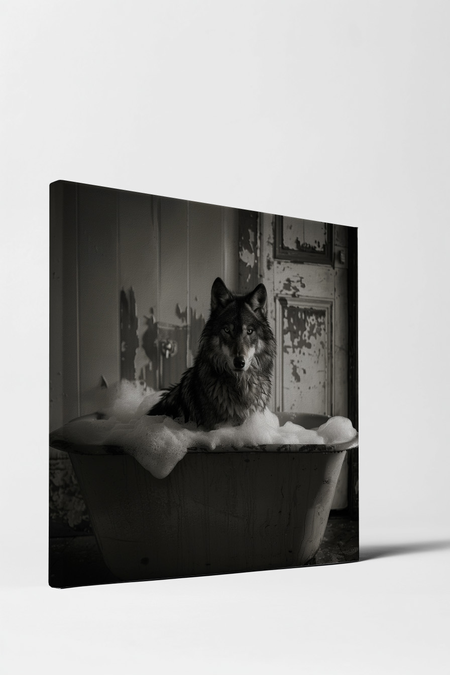 Fotografie Poster Wolf Badewanne Schaum schwarzweiß