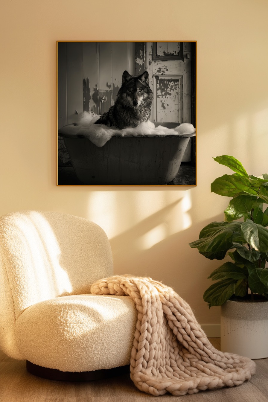 Fotografie Poster Wolf Badewanne Schaum schwarzweiß