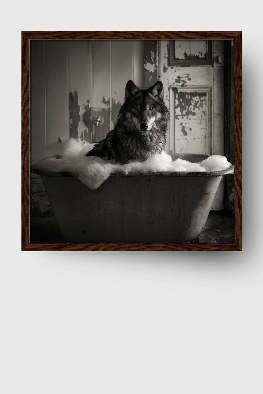 Fotografie Poster Wolf Badewanne Schaum schwarzweiß