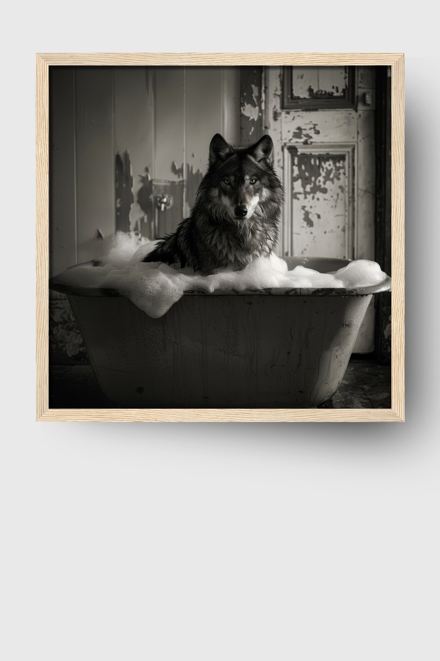 Fotografie Poster Wolf Badewanne Schaum schwarzweiß