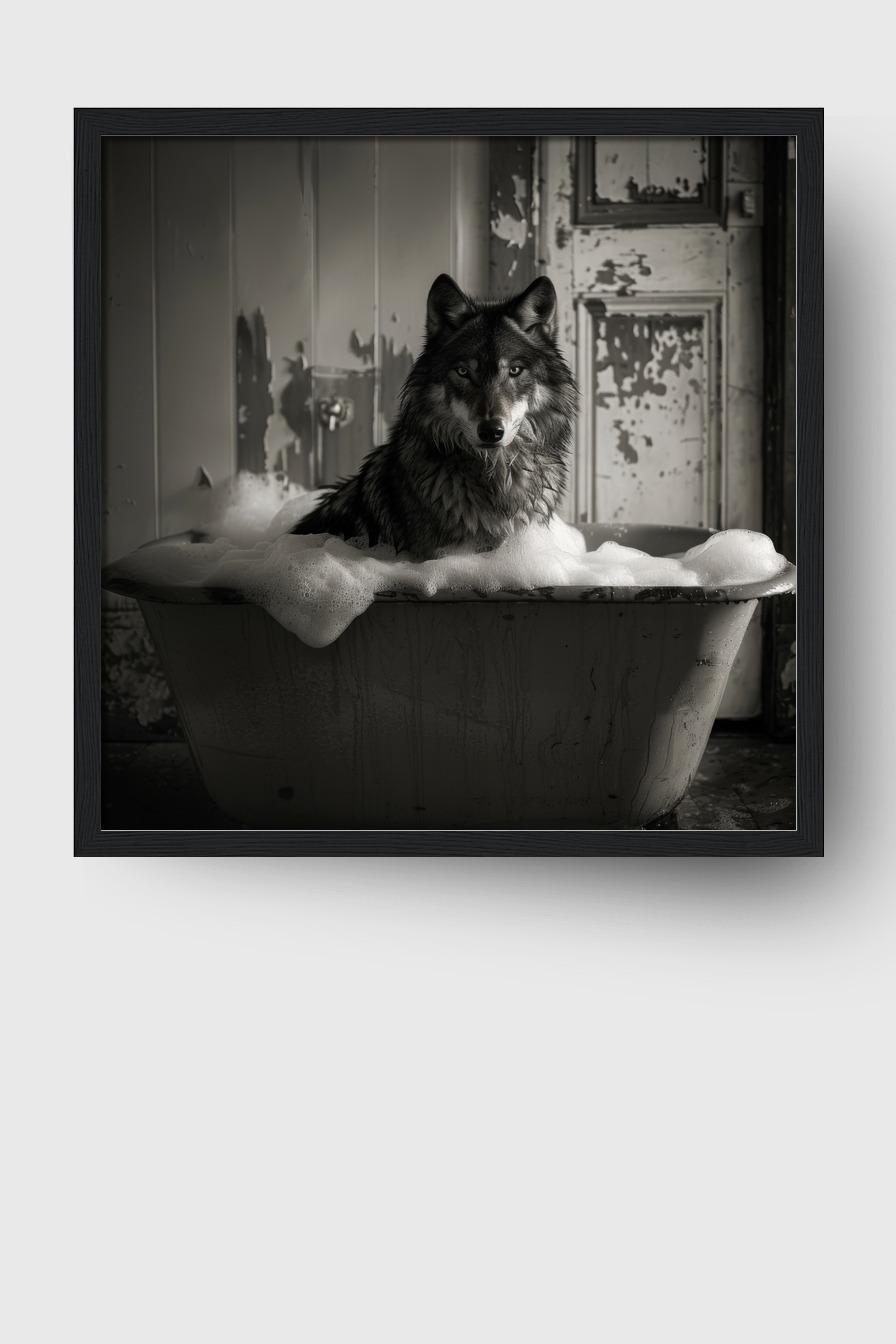 Fotografie Poster Wolf Badewanne Schaum schwarzweiß