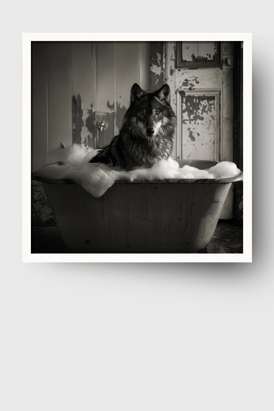 Fotografie Poster Wolf Badewanne Schaum schwarzweiß
