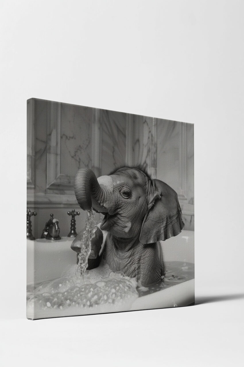 Fotografie Poster Elefantenbaby Badewanne schwarz-weiß