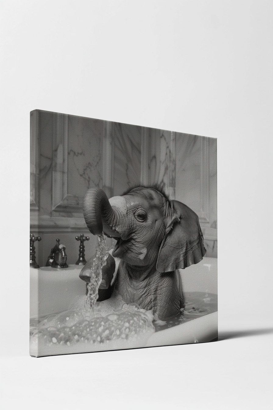 Fotografie Poster Elefantenbaby Badewanne schwarz-weiß
