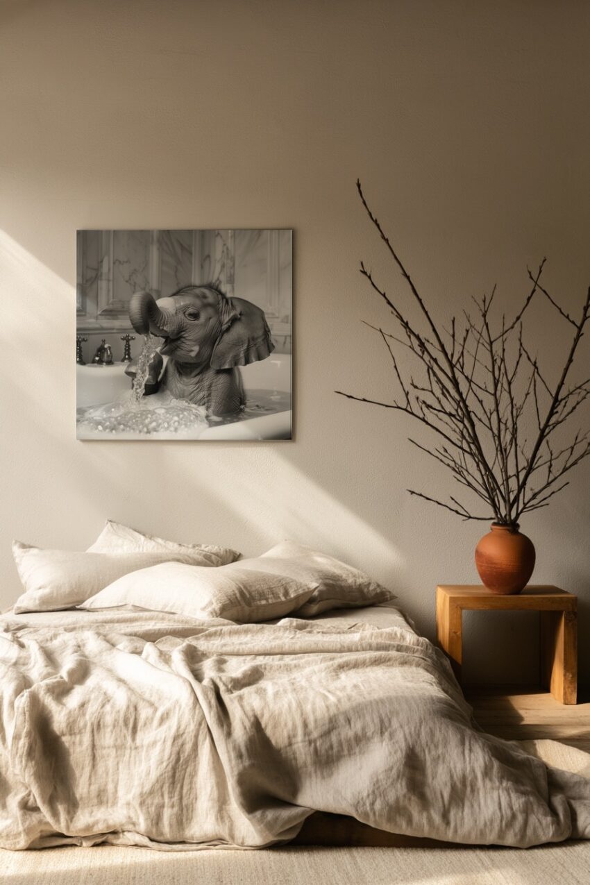 Fotografie Poster Elefantenbaby Badewanne schwarz-weiß