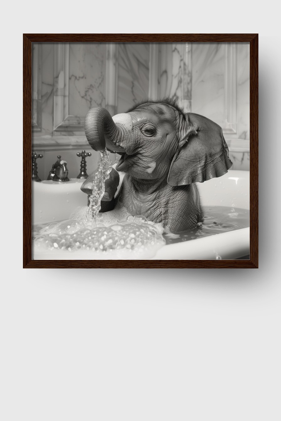 Fotografie Poster Elefantenbaby Badewanne schwarz-weiß