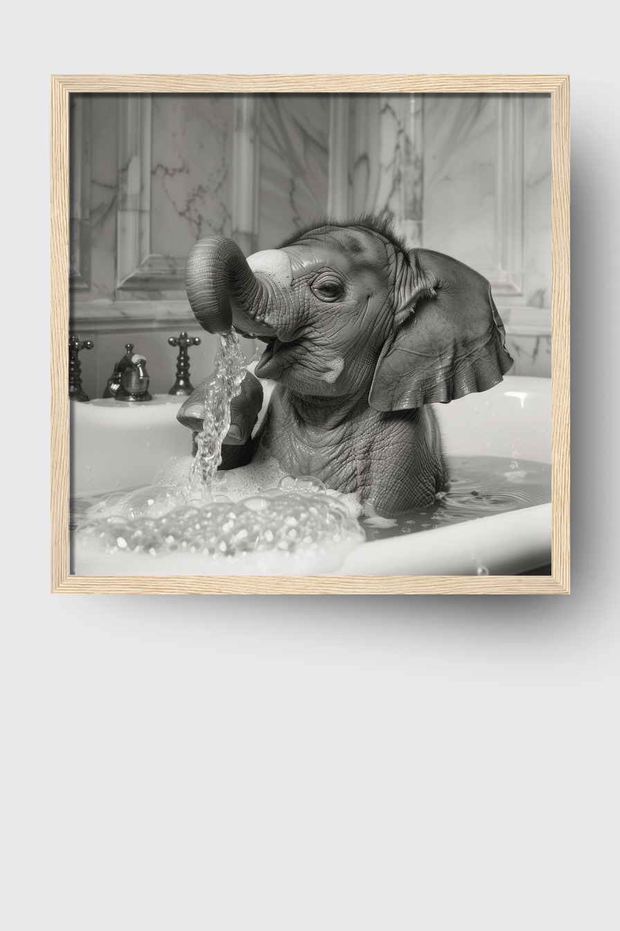 Fotografie Poster Elefantenbaby Badewanne schwarz-weiß