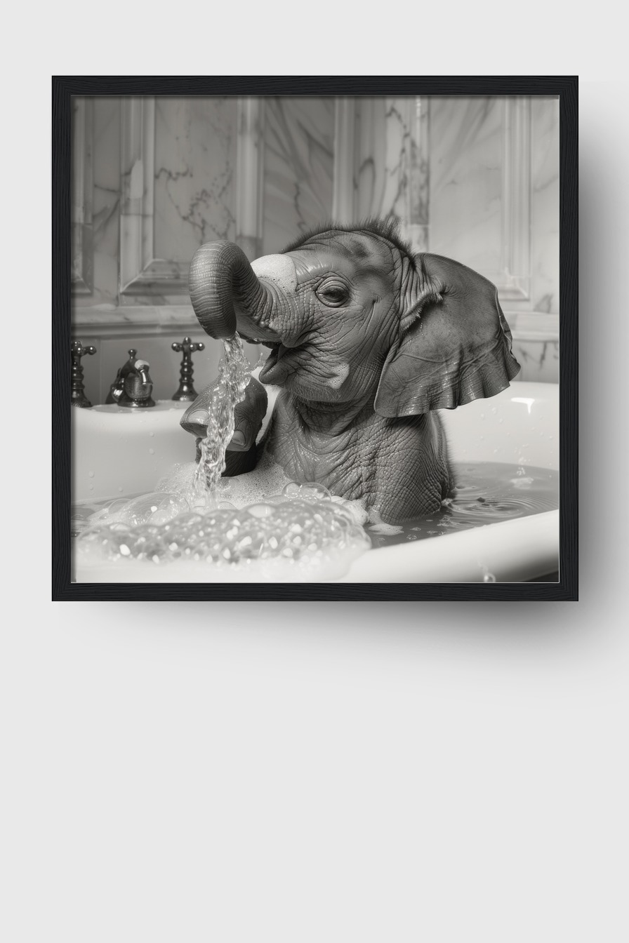 Fotografie Poster Elefantenbaby Badewanne schwarz-weiß