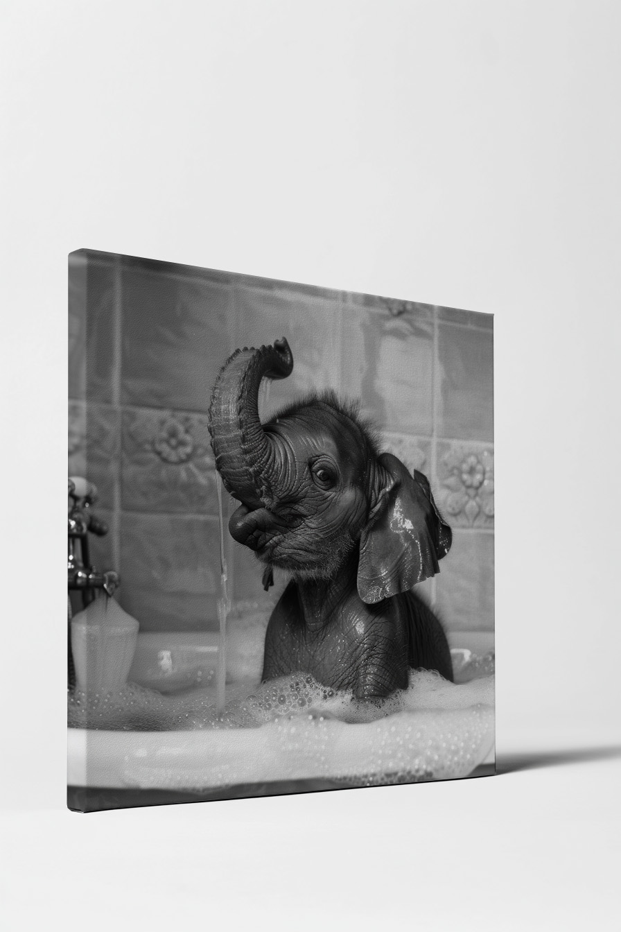 Fotografie Poster Elefantenbaby Badewanne schwarz-weiß