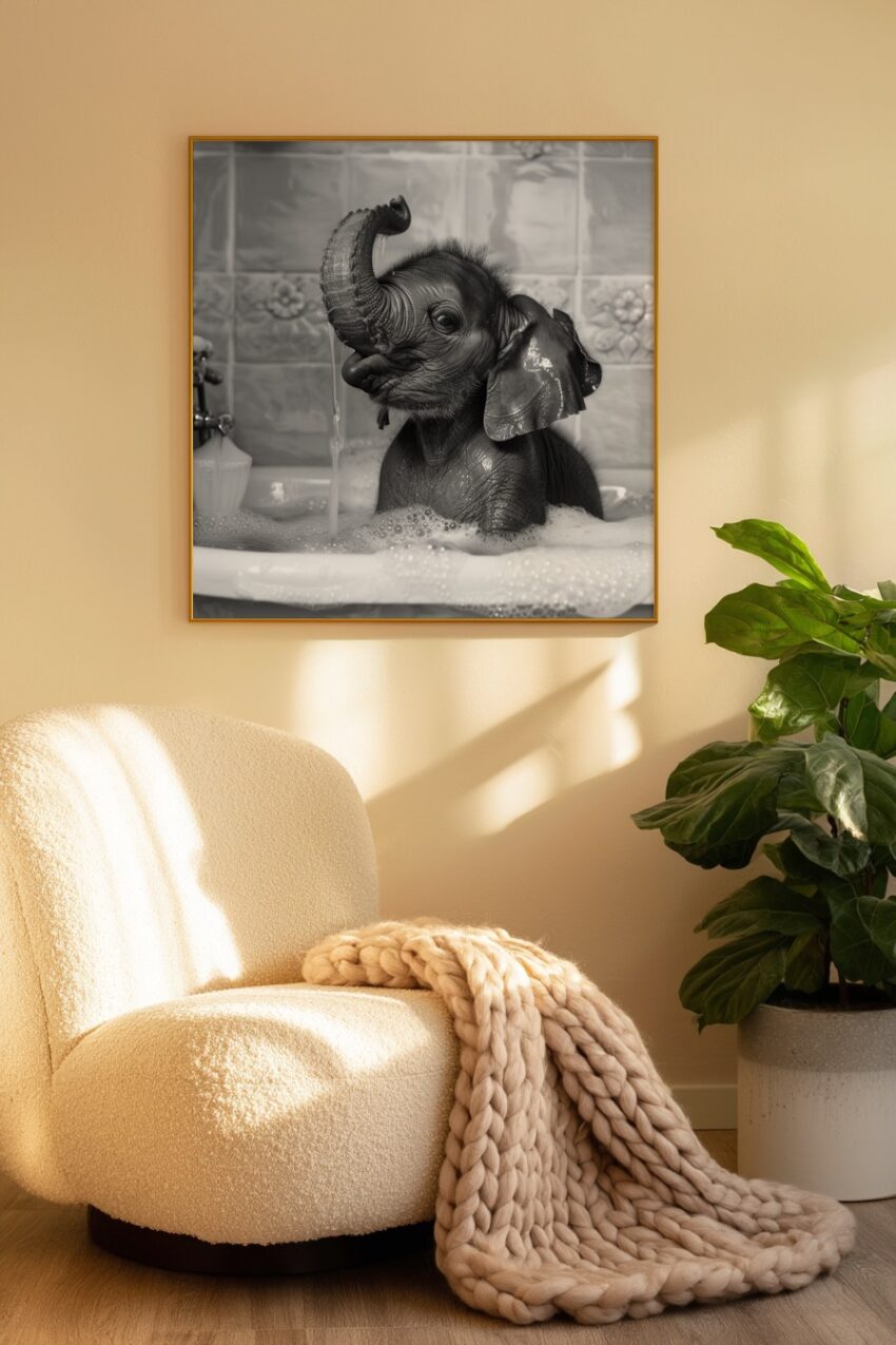 Fotografie Poster Elefantenbaby Badewanne schwarz-weiß