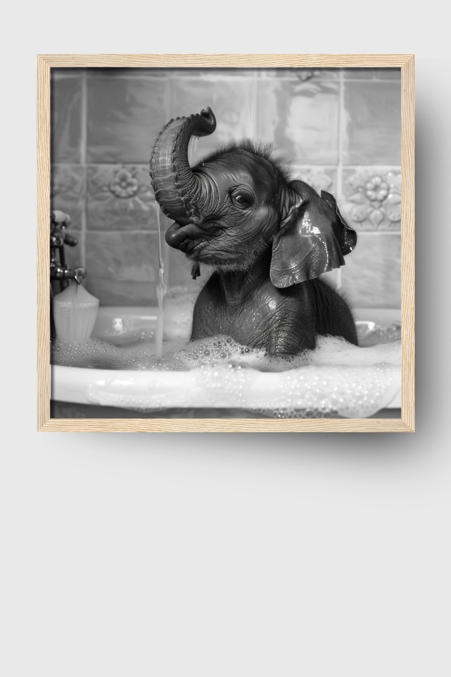 Fotografie Poster Elefantenbaby Badewanne schwarz-weiß