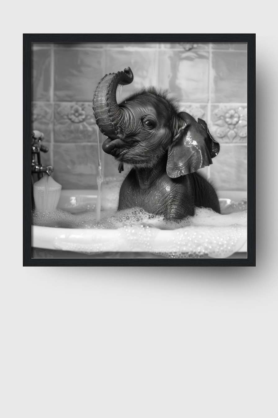 Fotografie Poster Elefantenbaby Badewanne schwarz-weiß