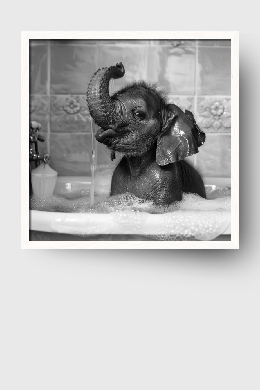 Fotografie Poster Elefantenbaby Badewanne schwarz-weiß