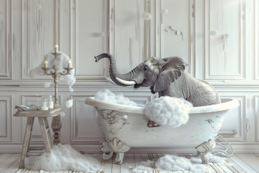 Fotografie Poster Elefant Badewanne seifig grau weiß