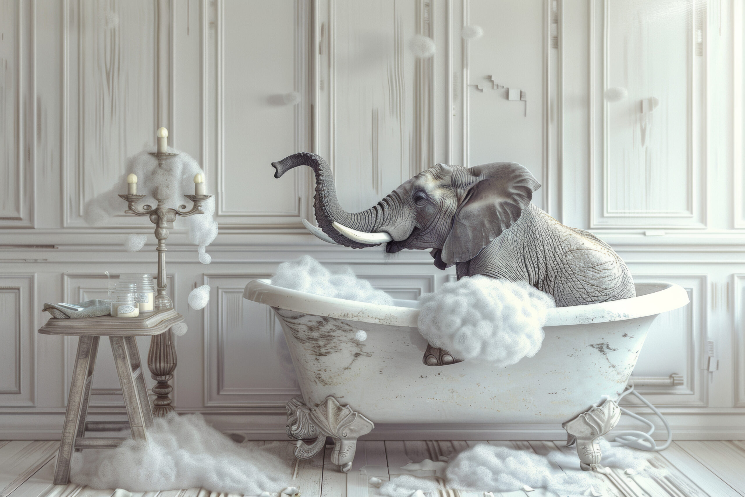 Fotografie Poster Elefant Badewanne seifig grau weiß