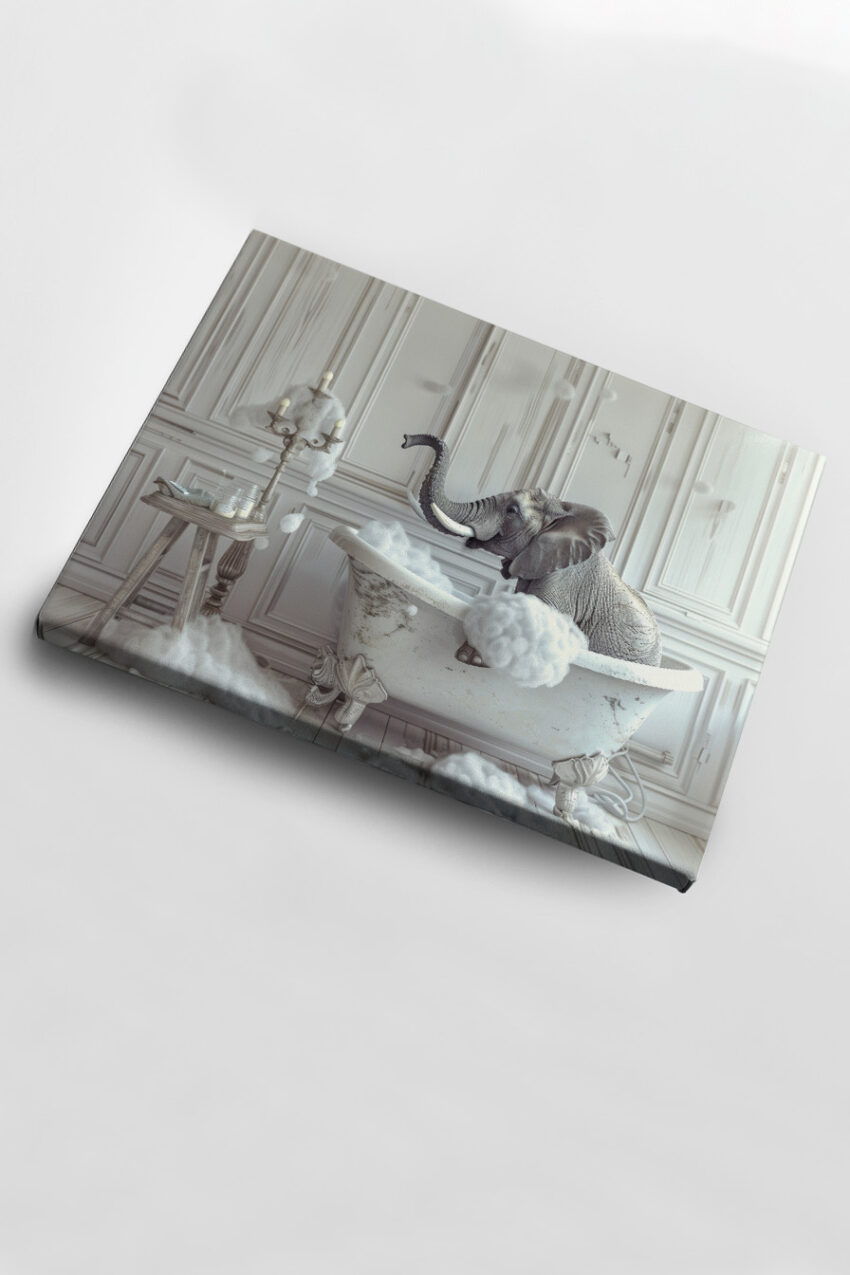 Fotografie Poster Elefant Badewanne seifig grau weiß