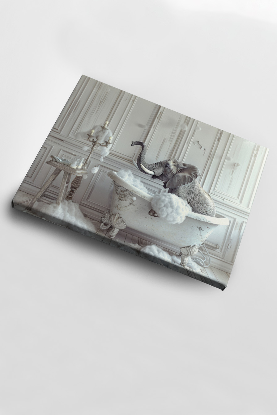 Fotografie Poster Elefant Badewanne seifig grau weiß