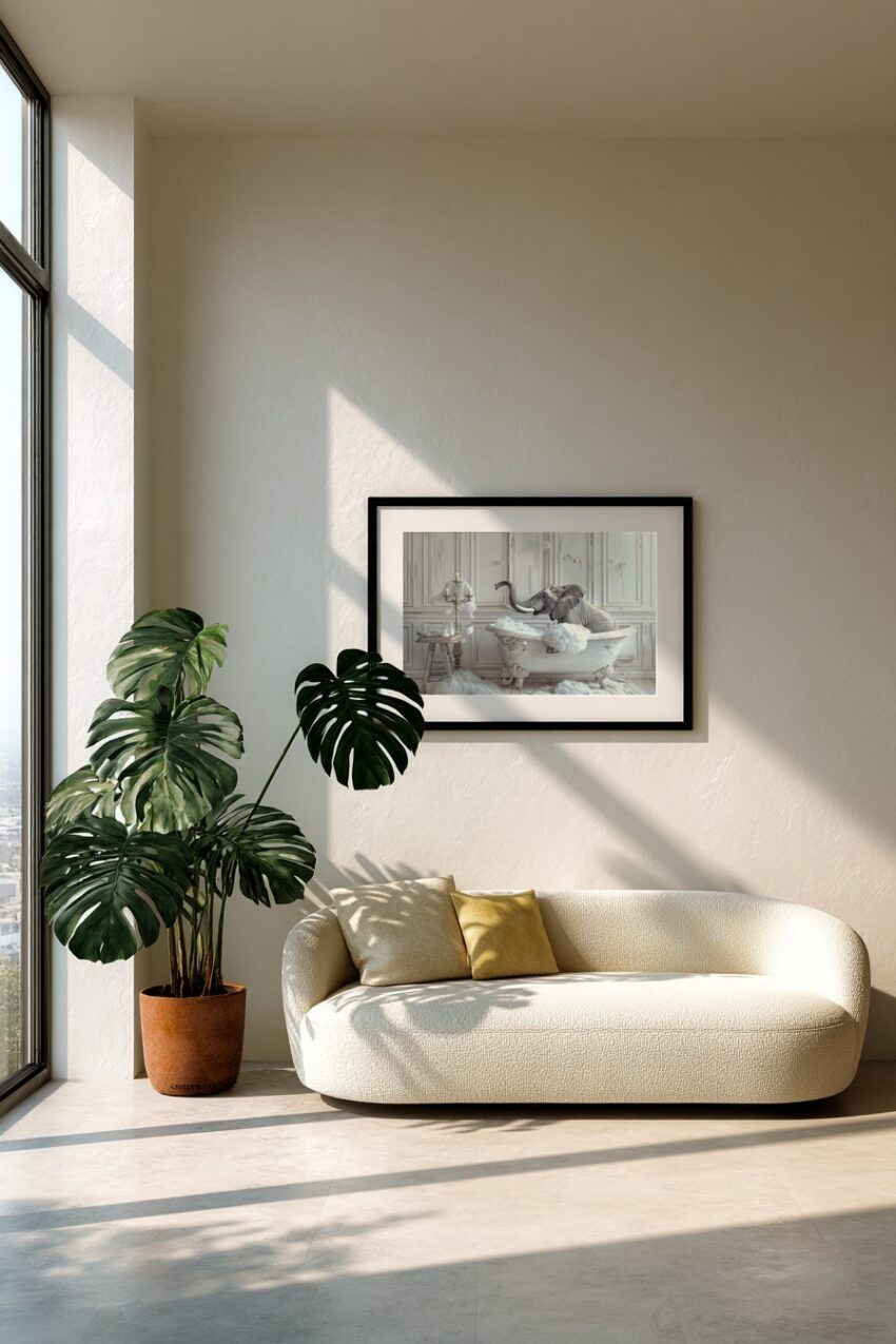 Fotografie Poster Elefant Badewanne seifig grau weiß