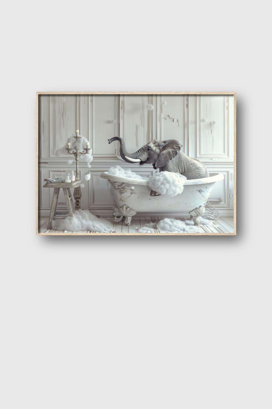 Fotografie Poster Elefant Badewanne seifig grau weiß