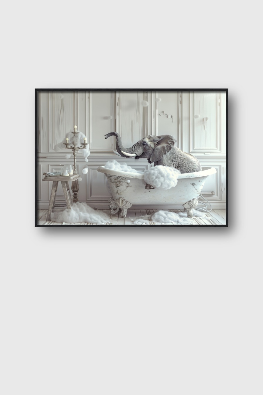 Fotografie Poster Elefant Badewanne seifig grau weiß