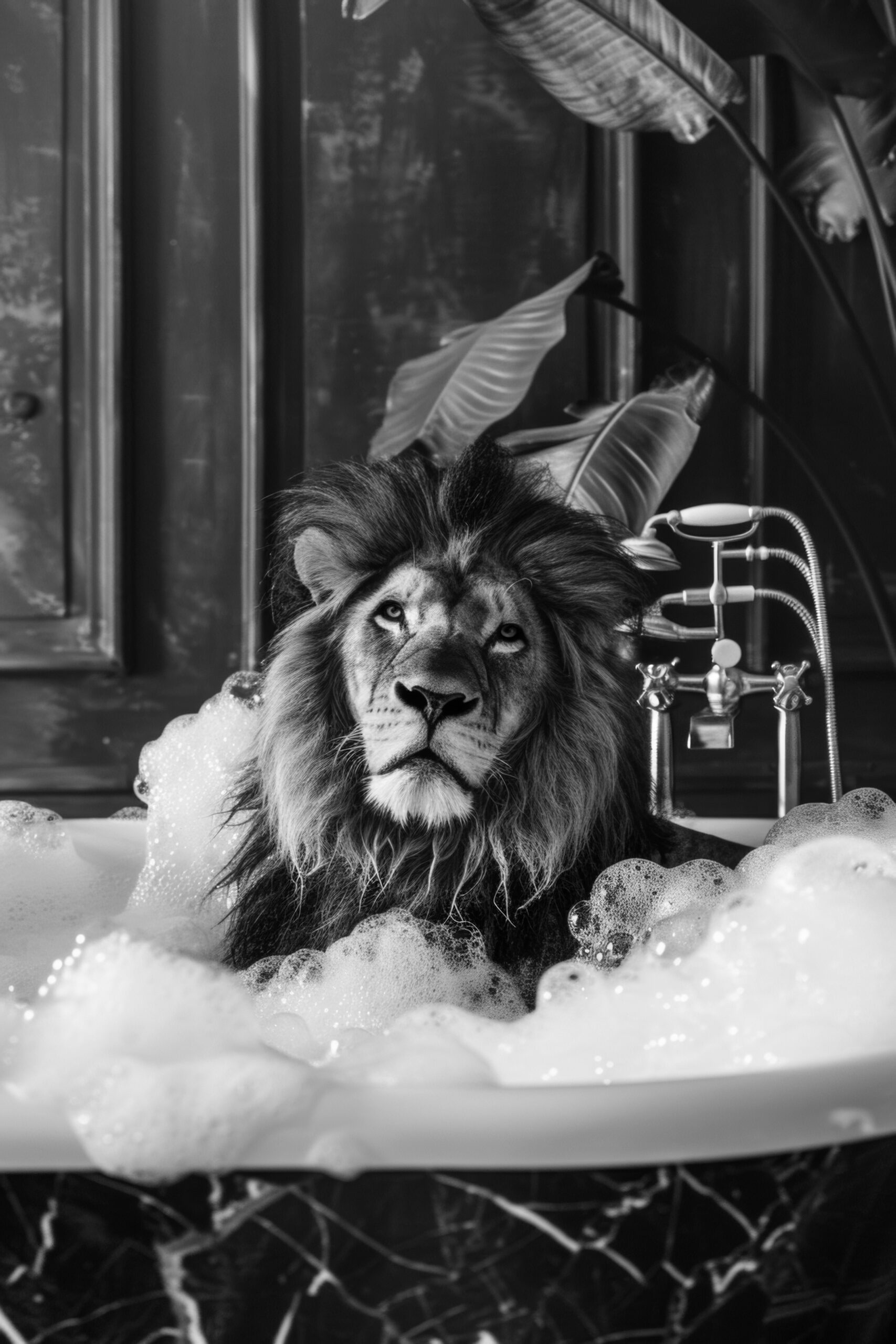 Fotografie Poster Löwe Badewanne schwarz-weiß