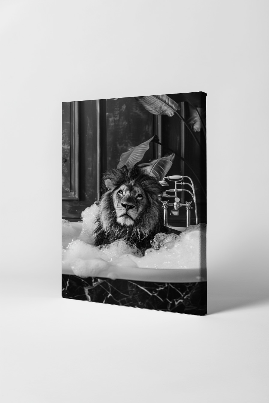 Fotografie Poster Löwe Badewanne schwarz-weiß