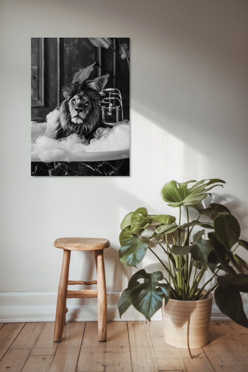Fotografie Poster Löwe Badewanne schwarz-weiß