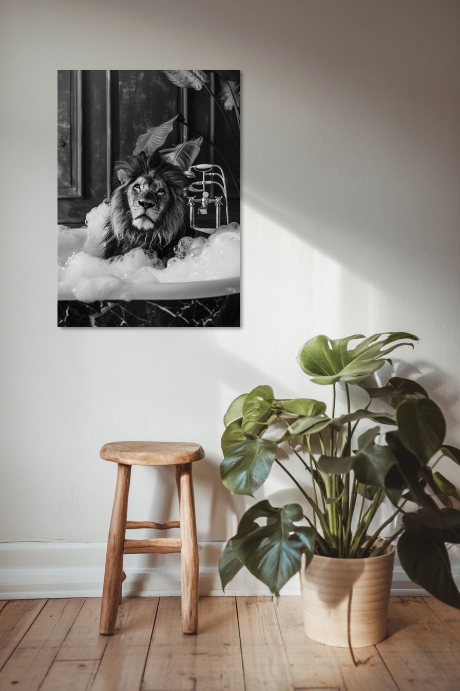 Fotografie Poster Löwe Badewanne schwarz-weiß