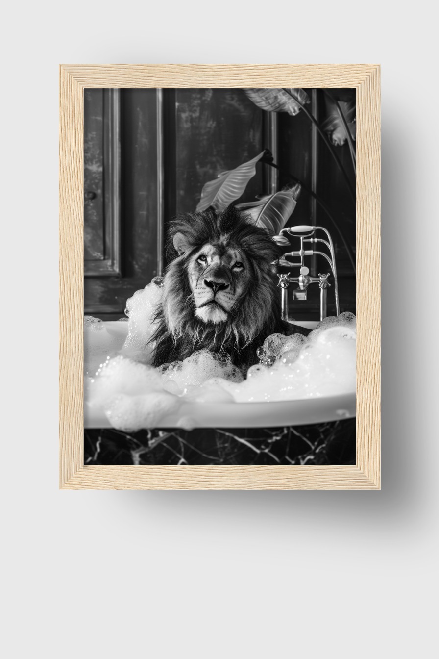 Fotografie Poster Löwe Badewanne schwarz-weiß