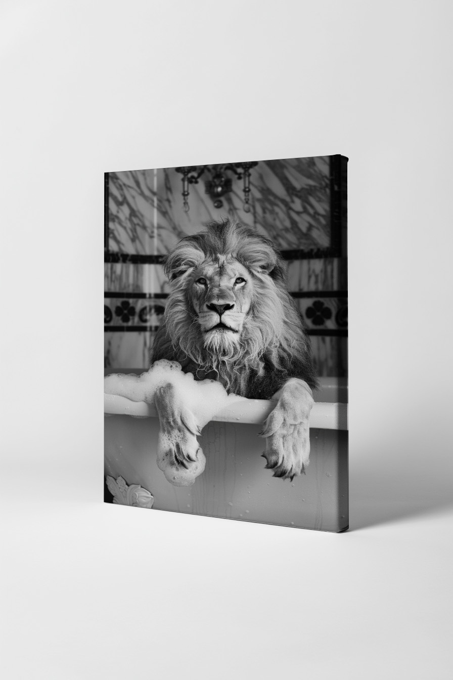 Fotografie Poster Löwe Badewanne schwarz-weiß frontal