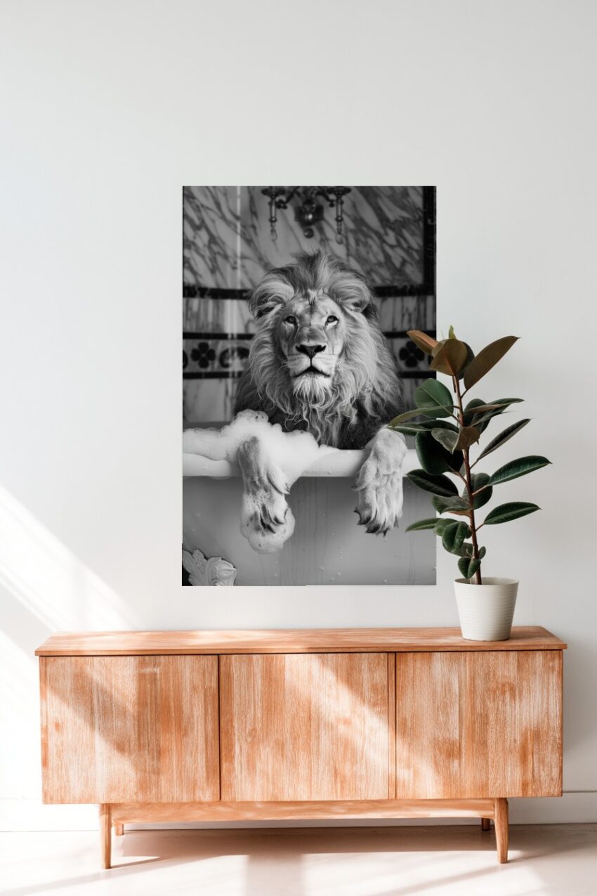 Fotografie Poster Löwe Badewanne schwarz-weiß frontal