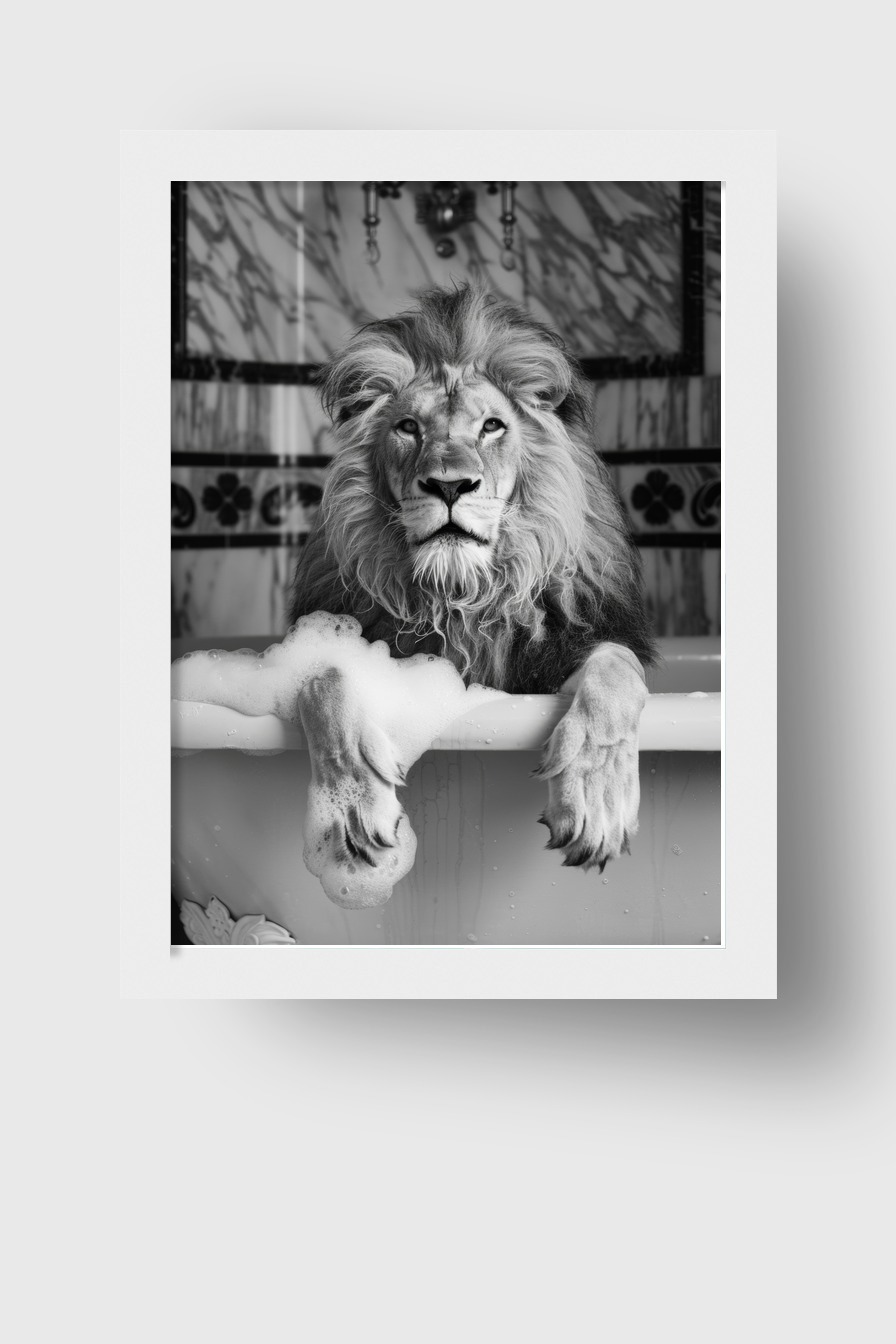 Fotografie Poster Löwe Badewanne schwarz-weiß frontal