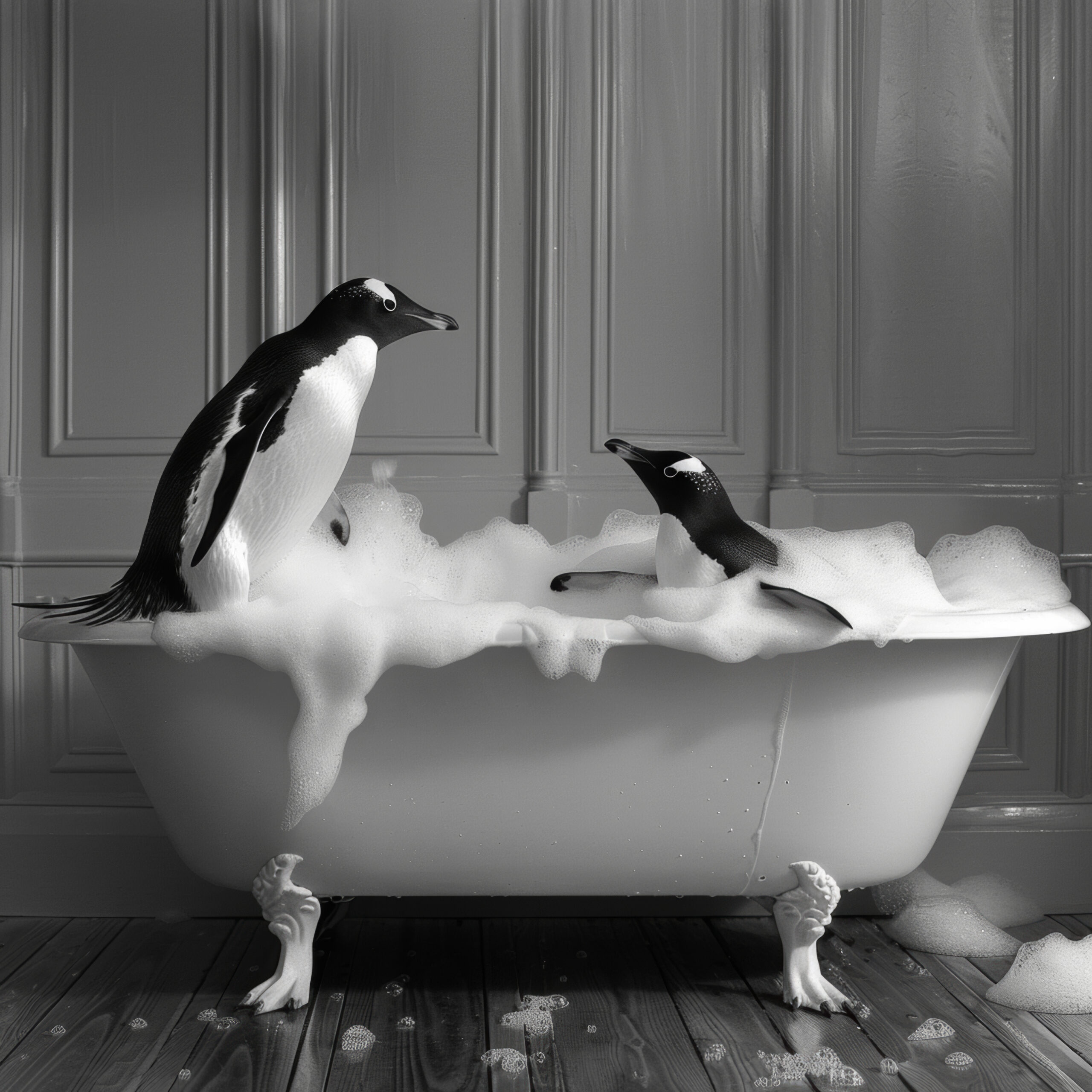 Fotografie Poster Pinguine Badewanne schwarz-weiß