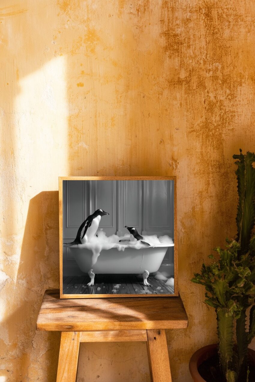 Fotografie Poster Pinguine Badewanne schwarz-weiß