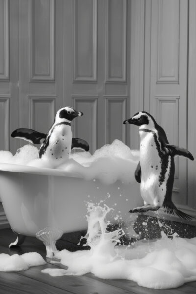 Pinguin Badewanne schwarz-weiß Poster