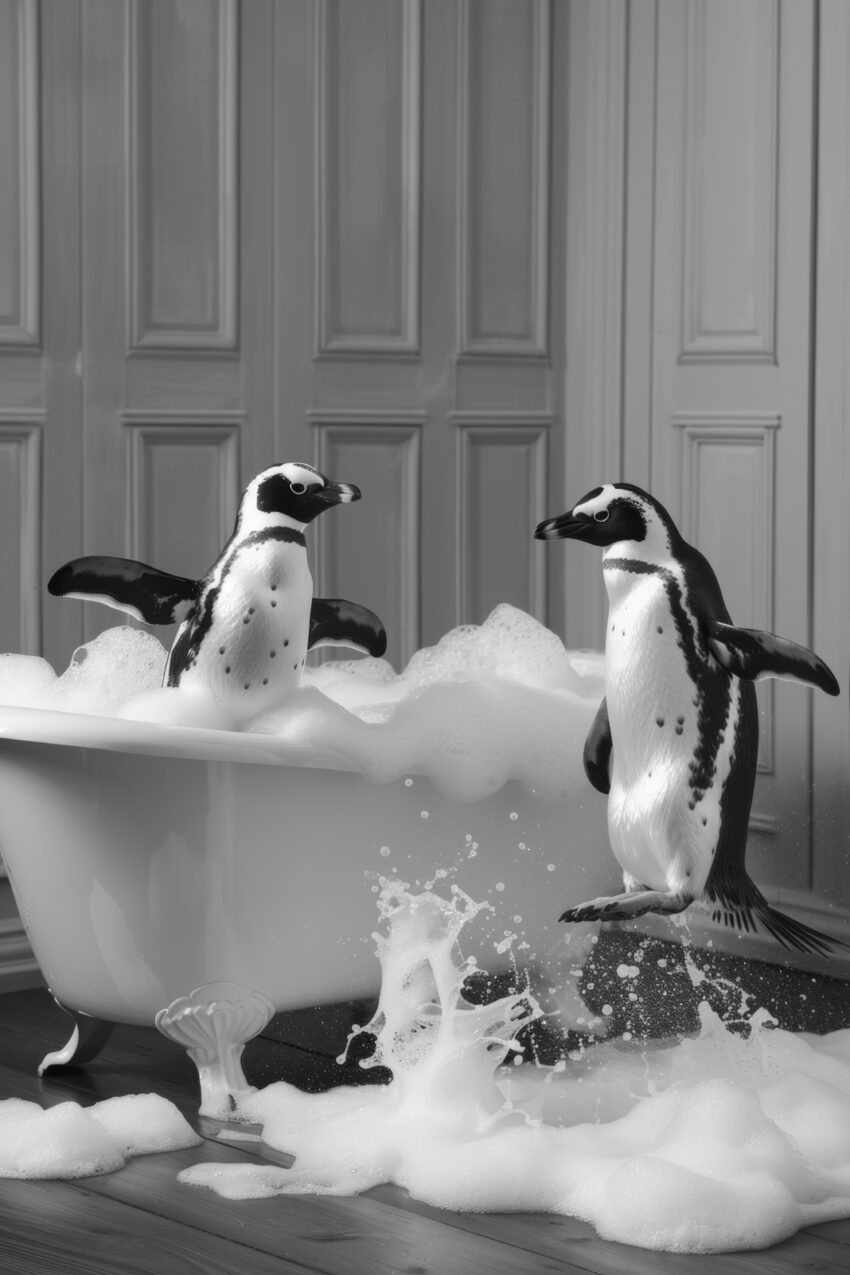 Fotografie Poster Pinguin Badewanne schwarz-weiß Schaum
