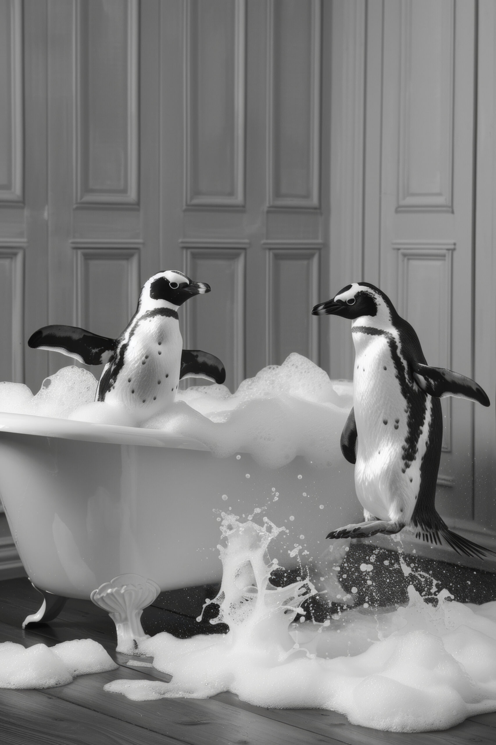 Fotografie Poster Pinguin Badewanne schwarz-weiß Schaum