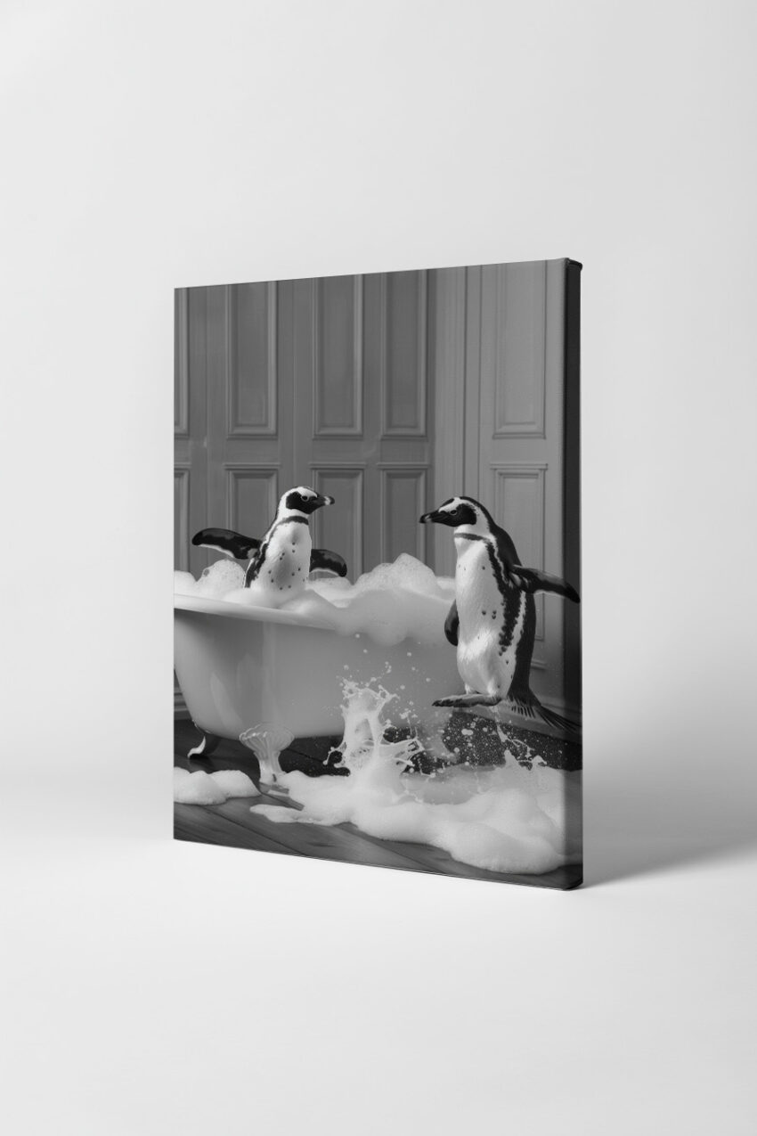 Fotografie Poster Pinguin Badewanne schwarz-weiß Schaum