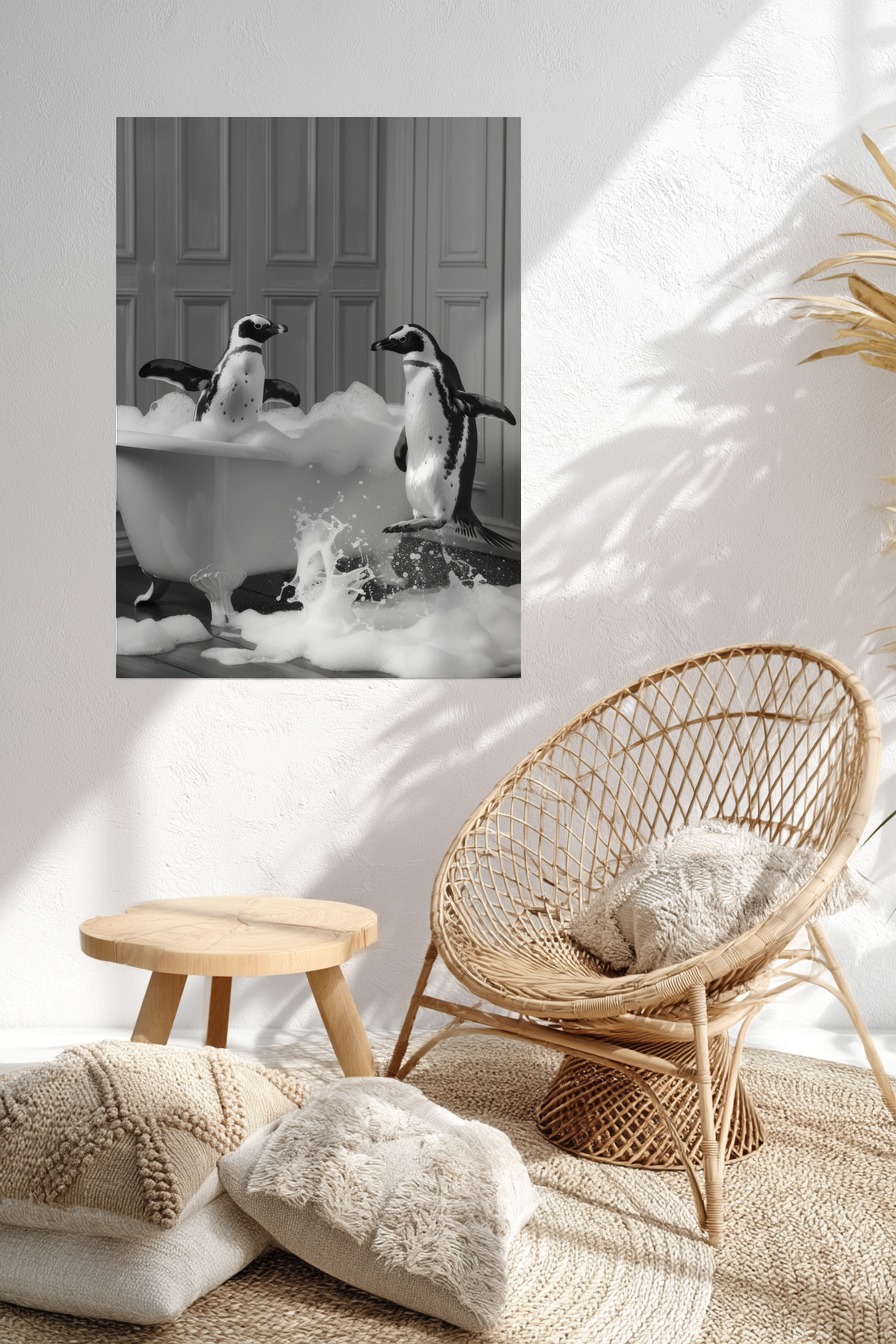 Fotografie Poster Pinguin Badewanne schwarz-weiß Schaum