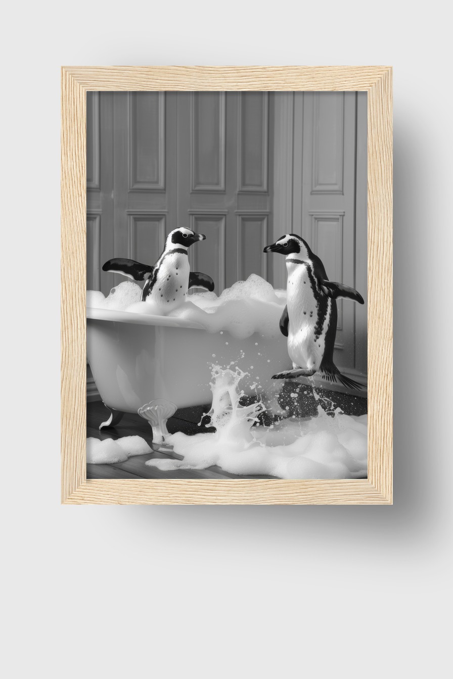 Fotografie Poster Pinguin Badewanne schwarz-weiß Schaum