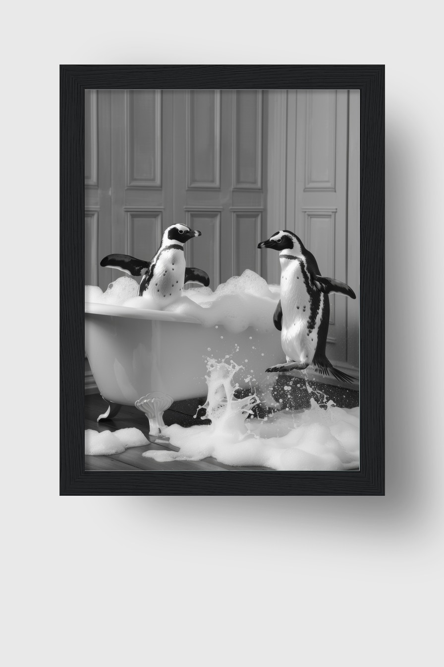 Fotografie Poster Pinguin Badewanne schwarz-weiß Schaum