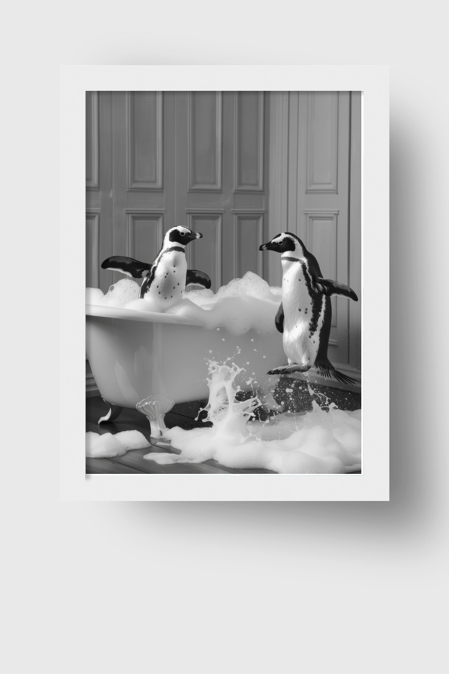 Fotografie Poster Pinguin Badewanne schwarz-weiß Schaum