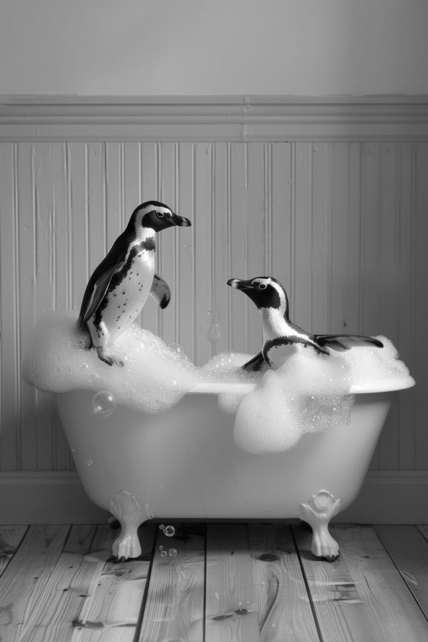 Fotografie Poster Pinguine schwarz-weiß Badewanne