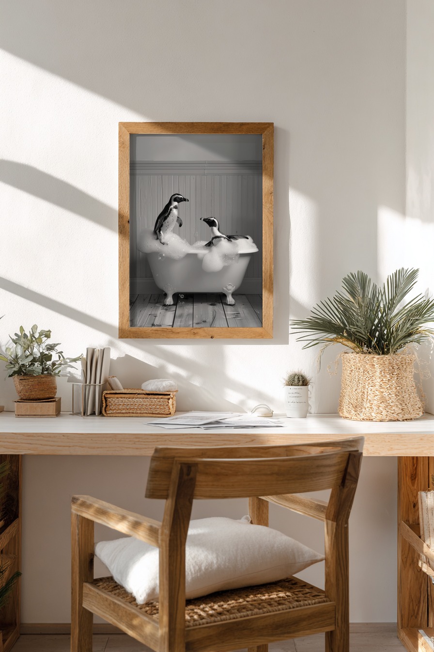 Fotografie Poster Pinguine schwarz-weiß Badewanne