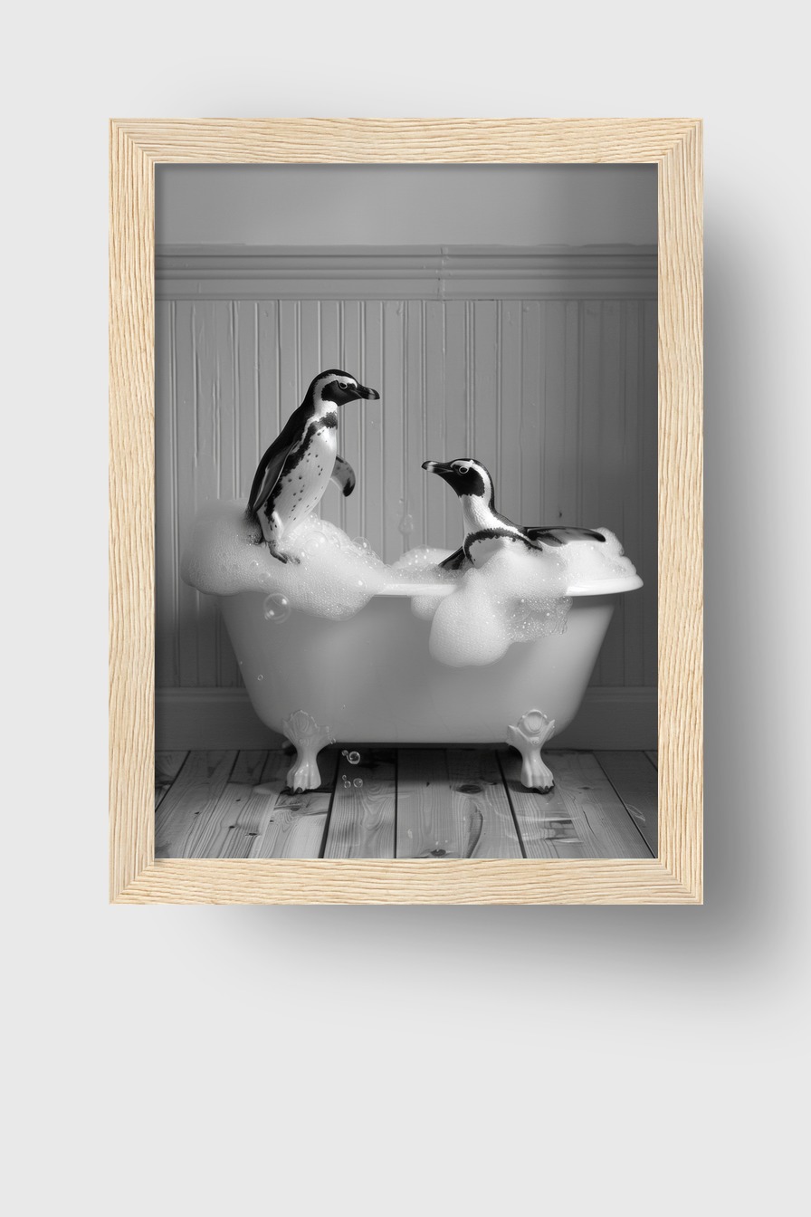 Fotografie Poster Pinguine schwarz-weiß Badewanne
